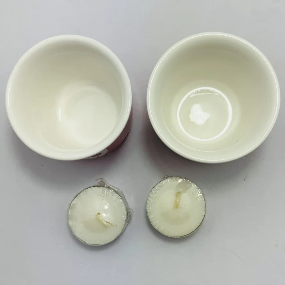 Jolly Snowman Tea Light Candle Holders Set/2 Red White Ceramic Holiday Decor NEW